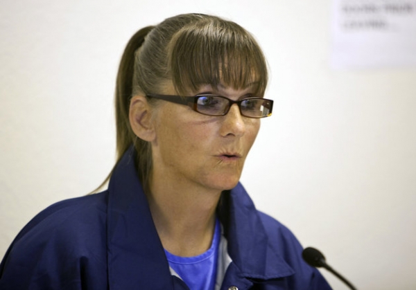 FILE - This May 21, 2015 file photo Inmate Michelle-Lael Norsworthy speaks during her parole hearing at Mule Creek State Prison in Ione, Calif.  Gov. Jerry Brown is weighing whether to grant parole for Norsworthy, a transgender inmate who is trying to force California to become the first state to pay for a prisoner's sex reassignment surgery. (AP Photo/Steve Yeater,File)